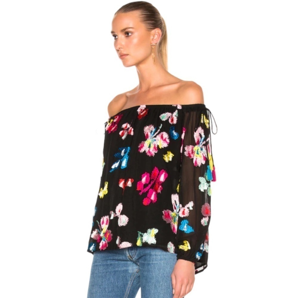 Tanya Taylor Georgette Tessa Black Silk Floral Embroidered Tassel Accent Top 8